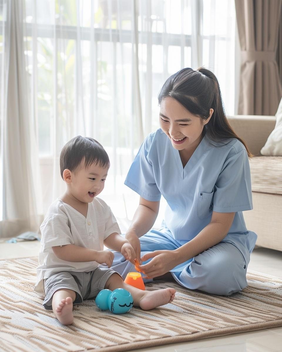 A Baby Heaven Care caregiver playing on the floor with a toddler in a bright living room
