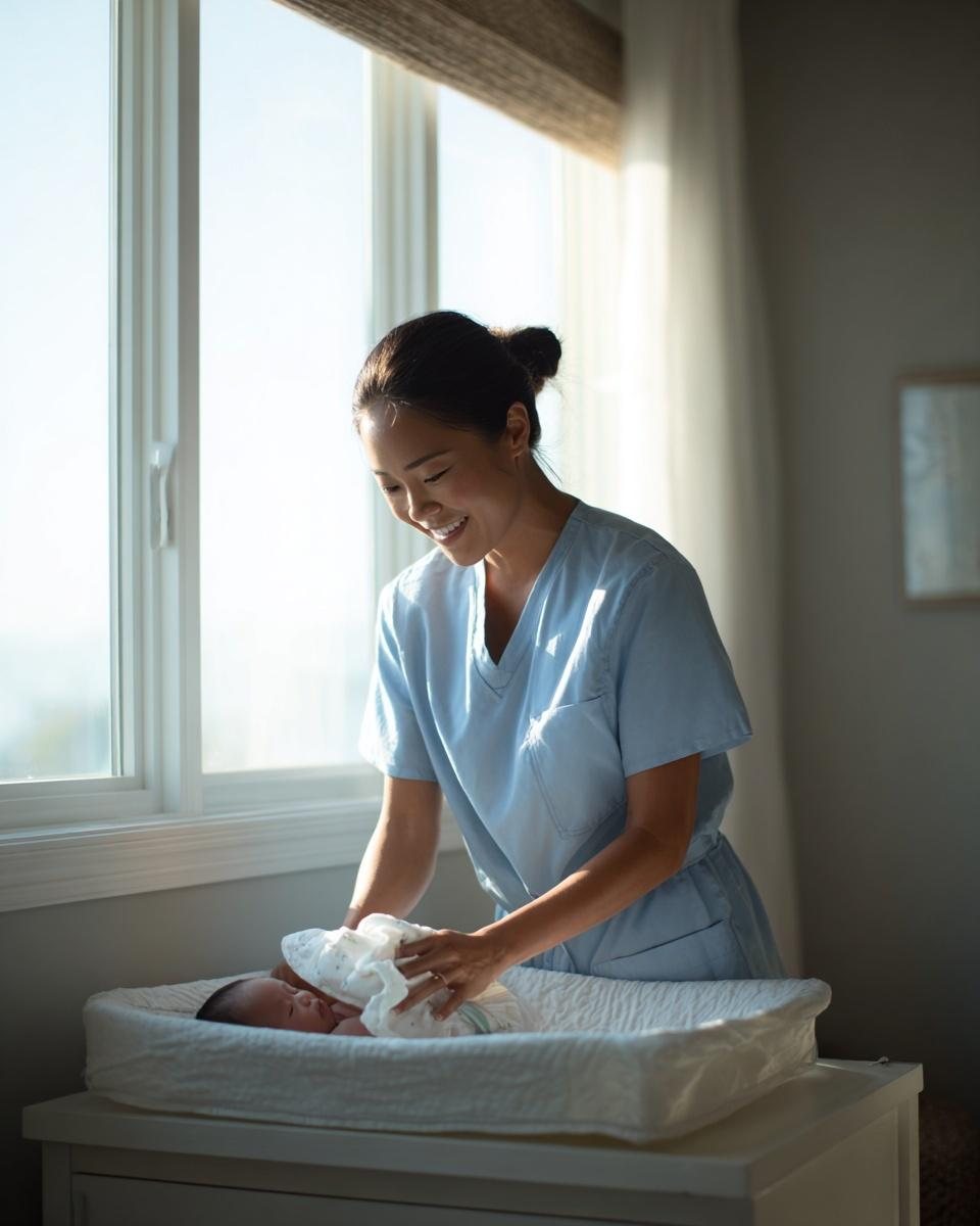 A caregiver gently tending to a newborn beside a sunlit window