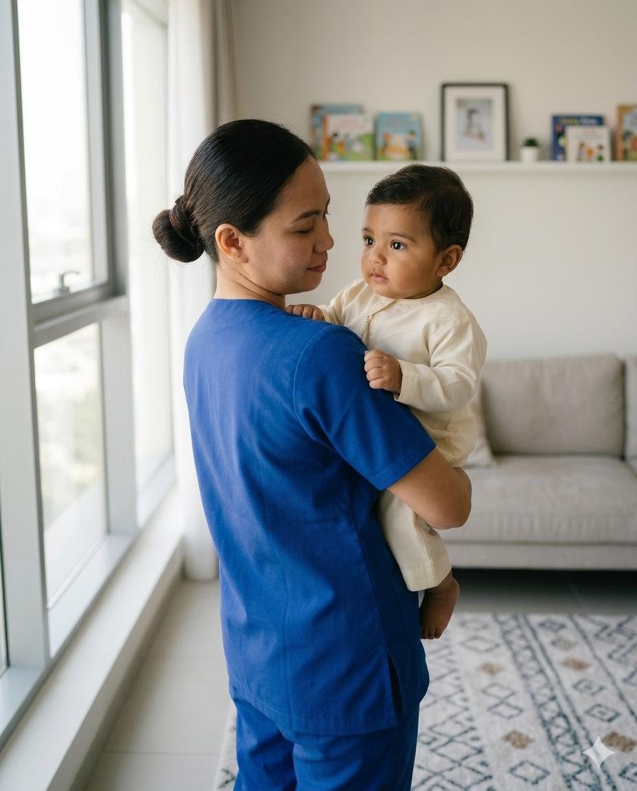 A caregiver holding a toddler, looking out over the home