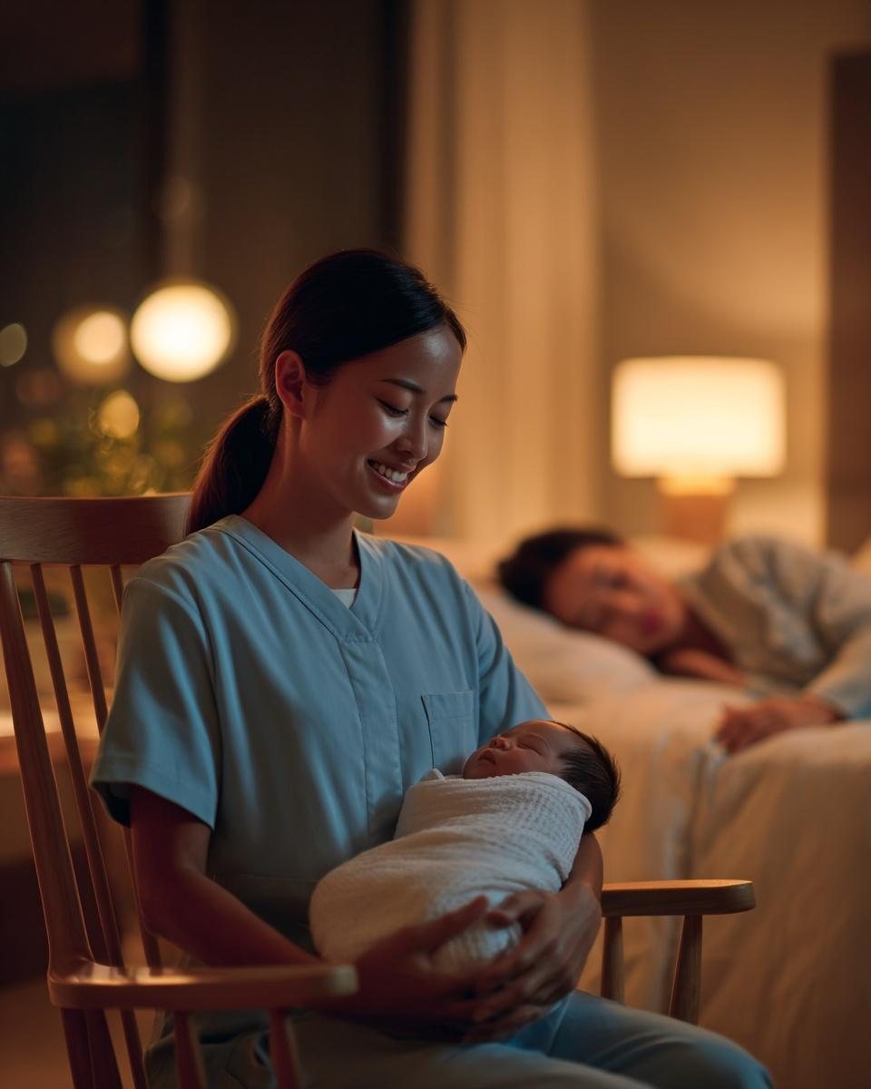 A Baby Heaven Care caregiver gently holding a newborn in a quiet, softly lit room